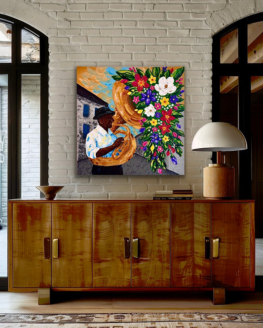 Music Grows Here original 30x30" painting by New Orleans artist Lora Marden, inspired by the vibrant music and colors of the crescent city, Jazz Fest, and Frenchman Street.