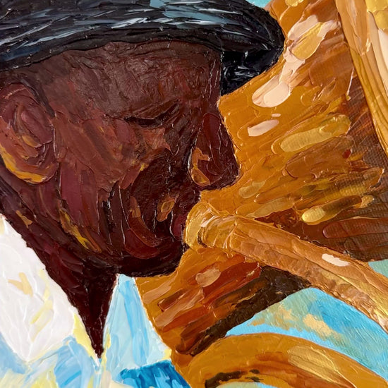 Video zoom of Music Grows Here, an original 30x30" painting by New Orleans artist Lora Marden, inspired by the vibrant music and colors of the crescent city, Jazz Fest, and Frenchman Street.