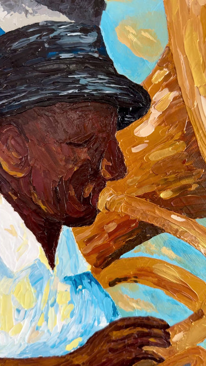 Video zoom of Music Grows Here, an original 30x30" painting by New Orleans artist Lora Marden, inspired by the vibrant music and colors of the crescent city, Jazz Fest, and Frenchman Street.